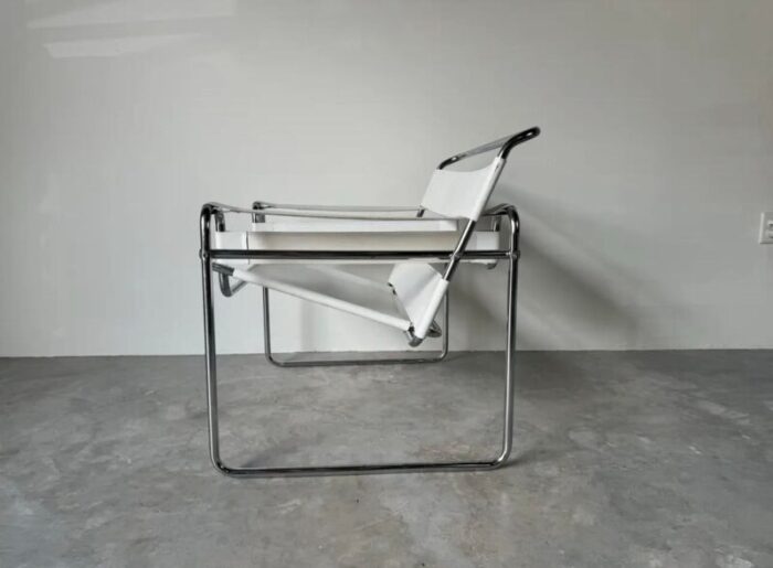 vintage marcel breuer wassily style chrome white leather sling lounge chair 0519