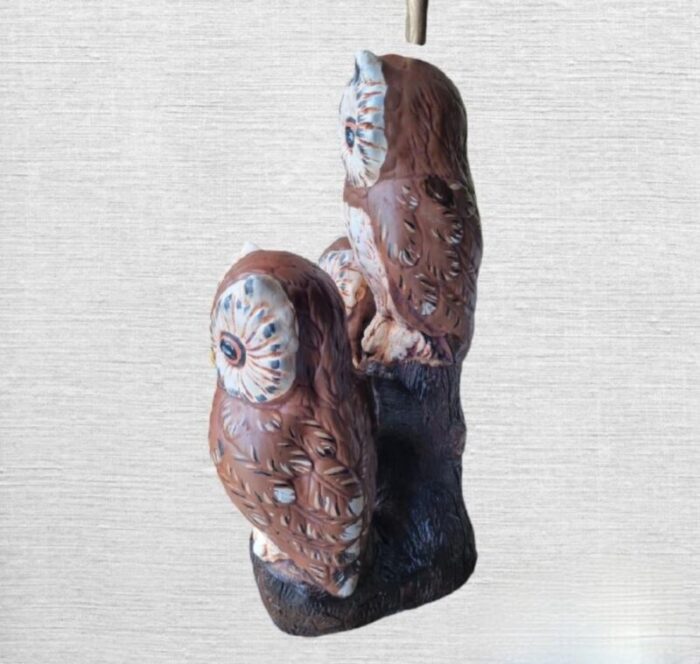 vintage massive plaster 3 owl statues sitting on a birch log table lamps a pair 9416