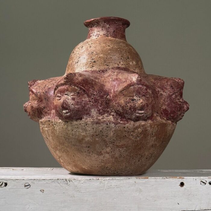 vintage mesoamerican comala style ceramic vessel with sculpted faces 1348