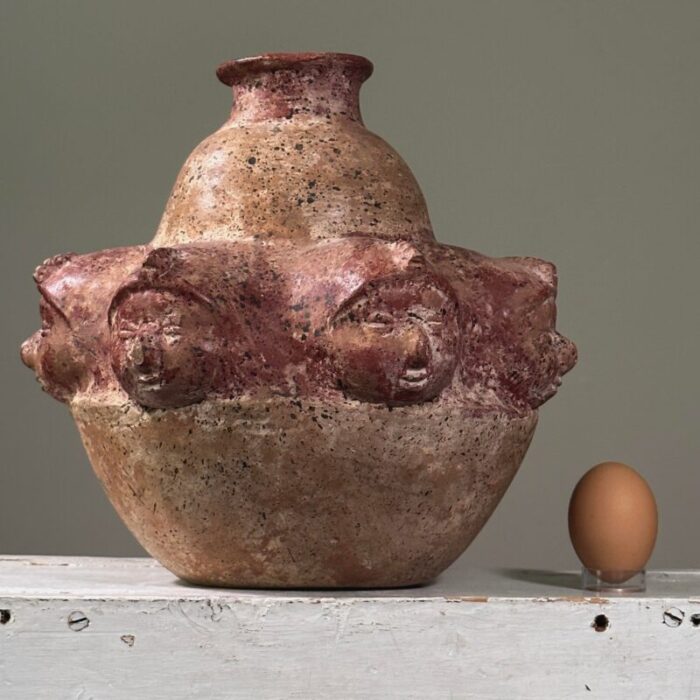 vintage mesoamerican comala style ceramic vessel with sculpted faces 9494