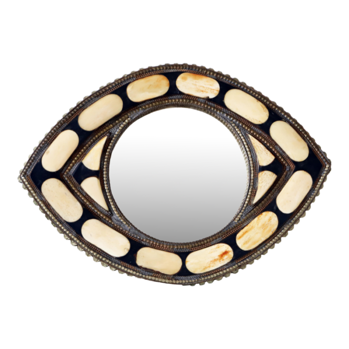 vintage moroccan eye mirror in brass and camel bone 0690