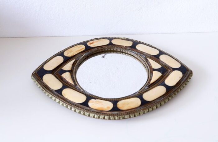 vintage moroccan eye mirror in brass and camel bone 7908