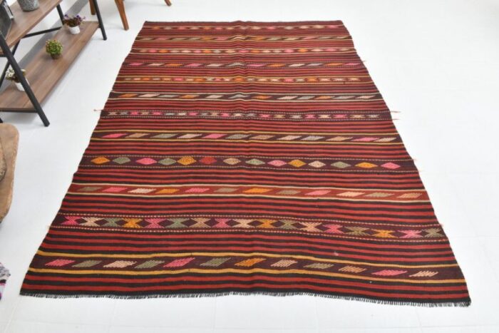 vintage orange red black pinstriped kilim rug 3