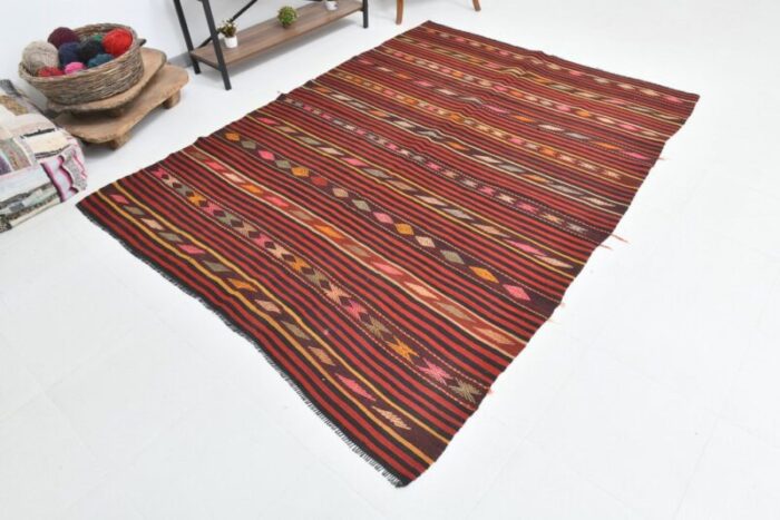 vintage orange red black pinstriped kilim rug 4