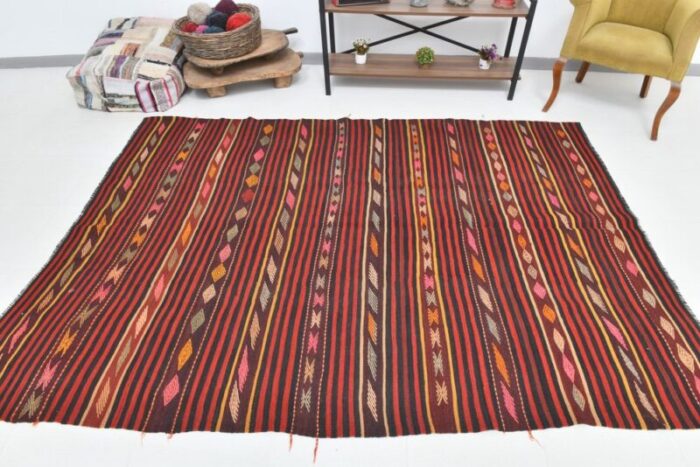 vintage orange red black pinstriped kilim rug 5