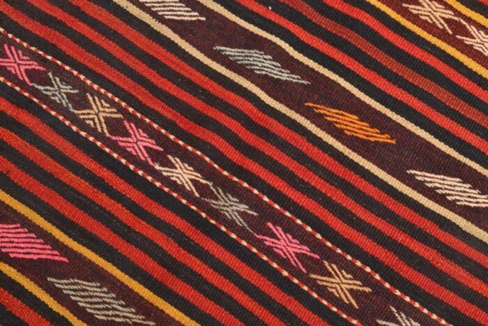 vintage orange red black pinstriped kilim rug 8