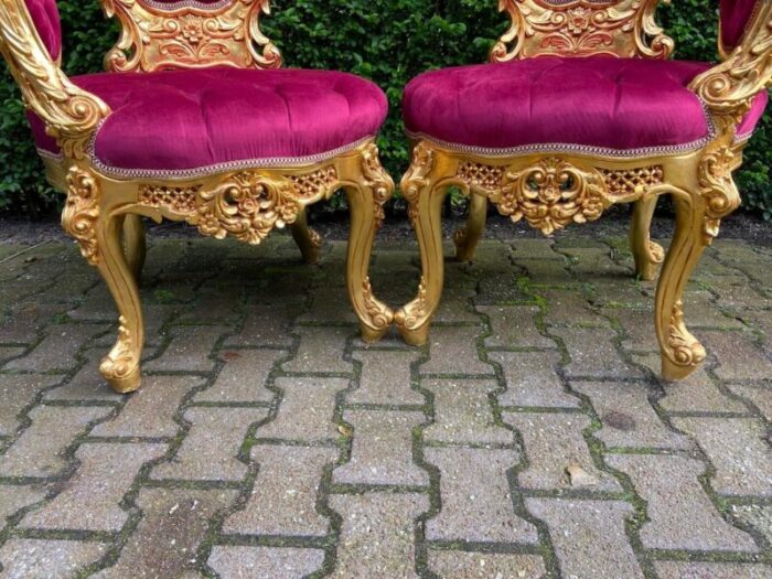 vintage pair of gold leaf italian baroque chairs with red velvet upholstery 9573