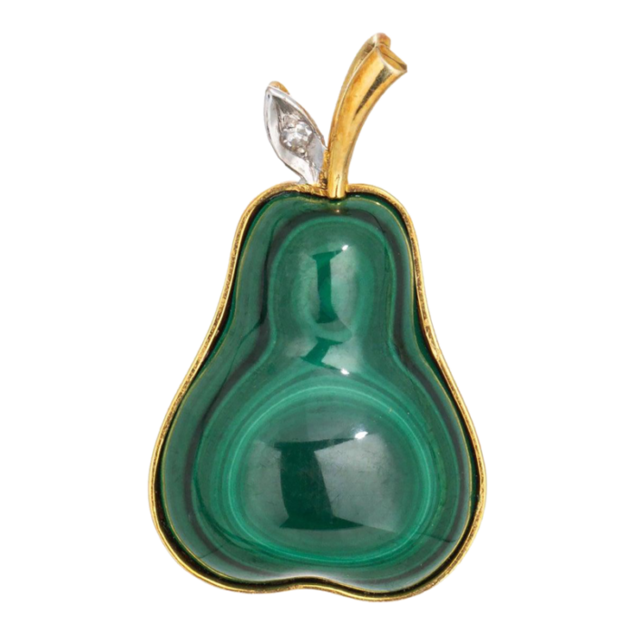 vintage pear pendant malachite diamond 14k yellow gold fine jewelry fruit 6944