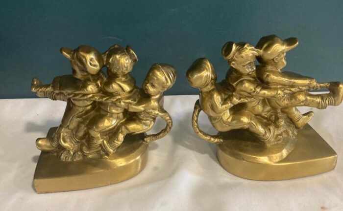 vintage pm craftsman tug of war brass children bookends set of 2 3722