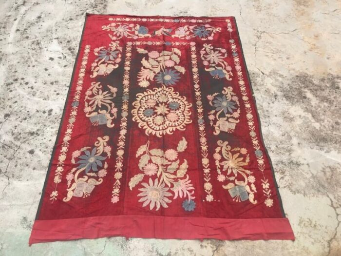 vintage red and black floral tapestry 1960s 1