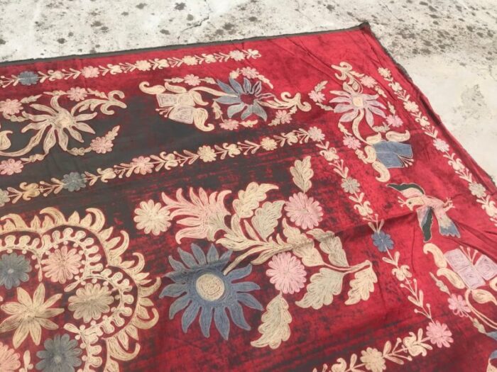 vintage red and black floral tapestry 1960s 2