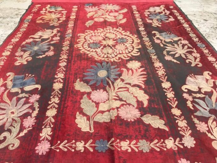 vintage red and black floral tapestry 1960s 3