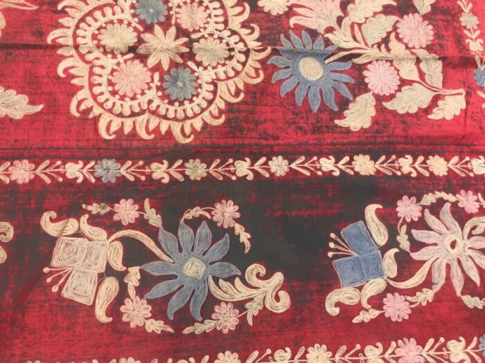 vintage red and black floral tapestry 1960s 4