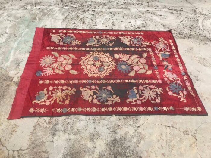 vintage red and black floral tapestry 1960s 5