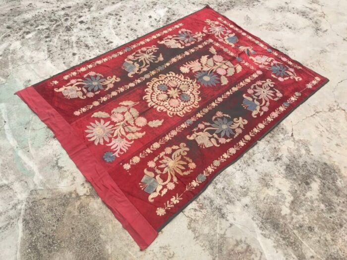 vintage red and black floral tapestry 1960s 7