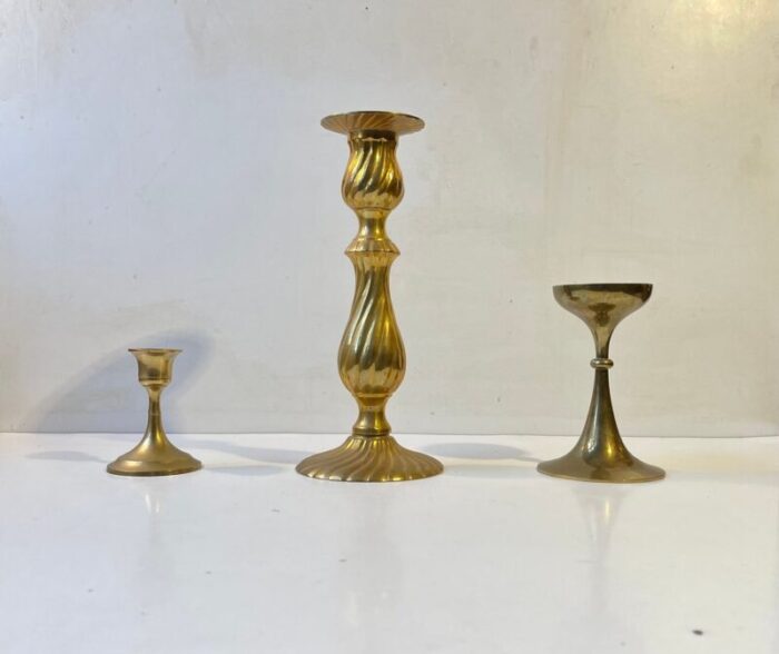 vintage scandinavian brass candlesticks 1970s set of 3 1