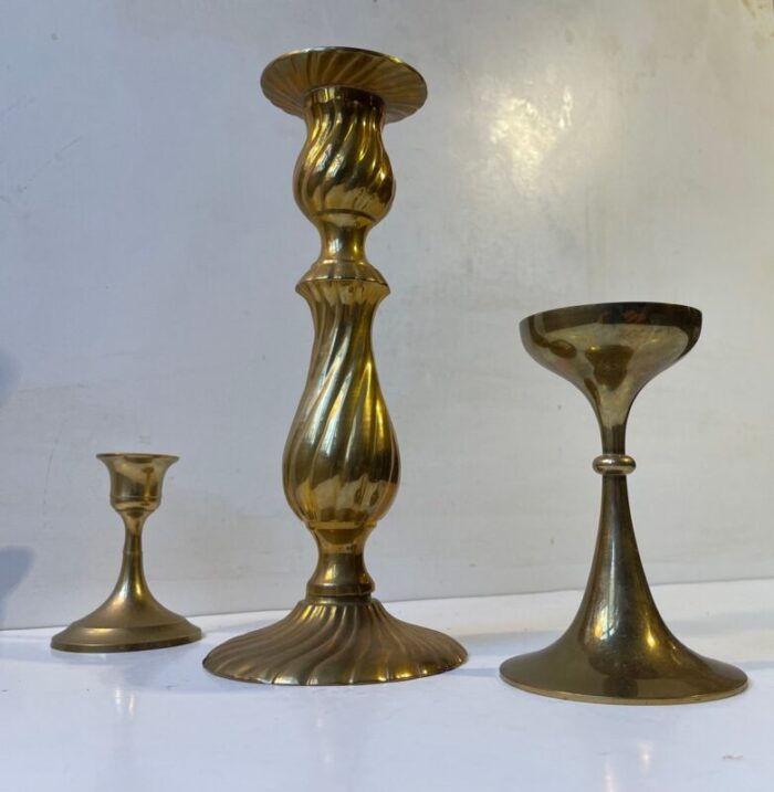 vintage scandinavian brass candlesticks 1970s set of 3 2