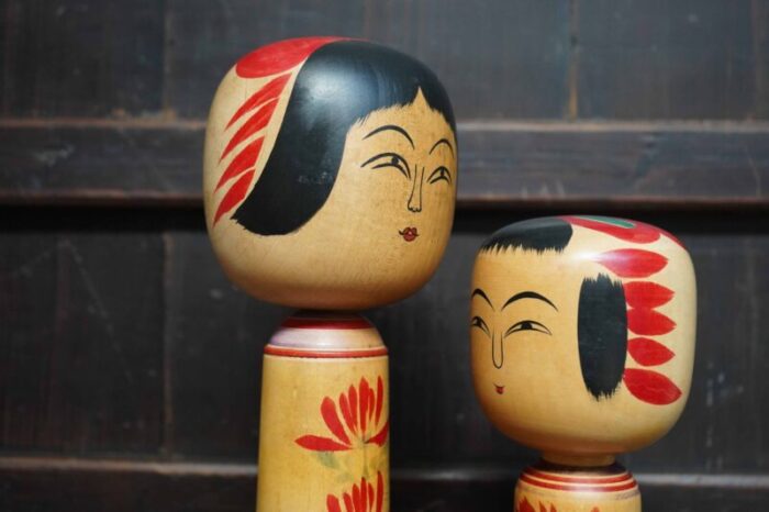 vintage traditional hijiori kokeshi by sato jyunosuke and sato shoichi japan 1950s set of 2 2