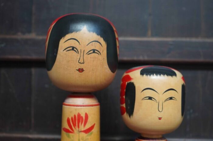 vintage traditional hijiori kokeshi by sato jyunosuke and sato shoichi japan 1950s set of 2 4