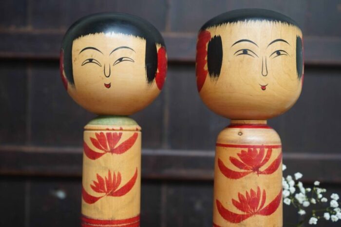 vintage traditional hijiori kokeshi by sato minosuke japan 1940s set of 2 1