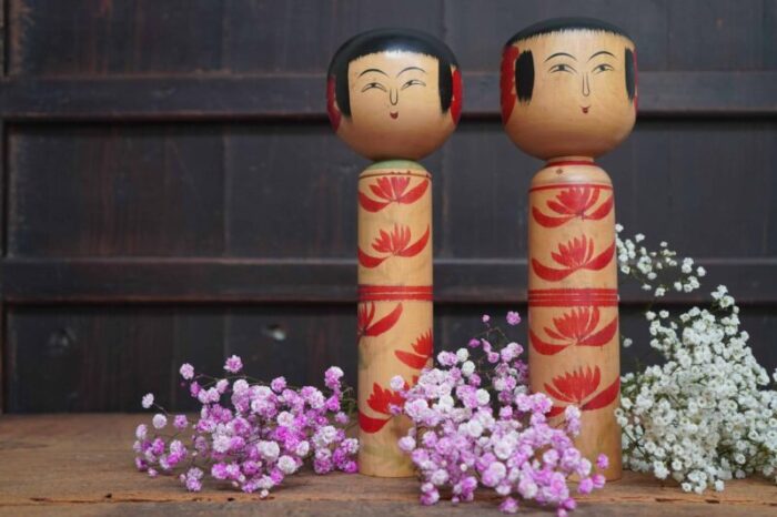 vintage traditional hijiori kokeshi by sato minosuke japan 1940s set of 2 3