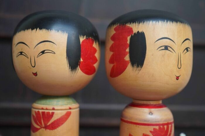 vintage traditional hijiori kokeshi by sato minosuke japan 1940s set of 2 4