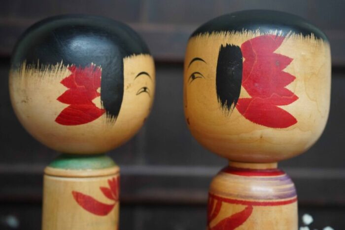 vintage traditional hijiori kokeshi by sato minosuke japan 1940s set of 2 7