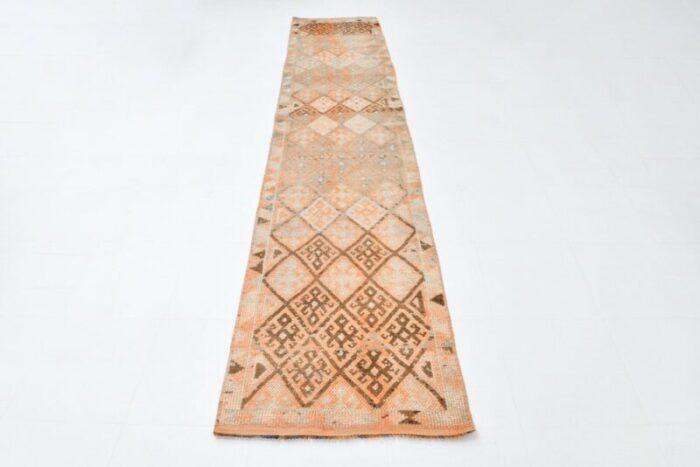 vintage turkish geometric orange runner rug 5