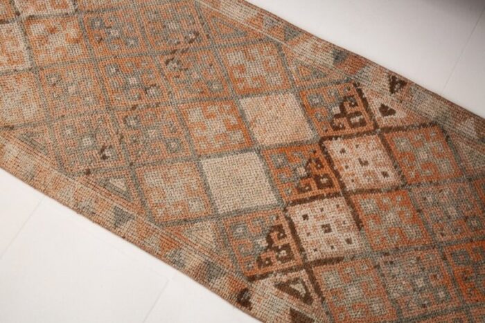 vintage turkish geometric orange runner rug 7