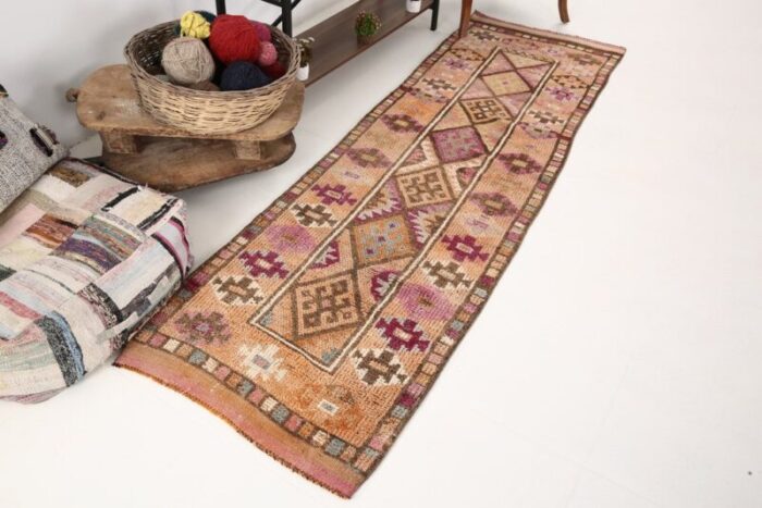 vintage turkish hot pink brown orange wool runner rug 4