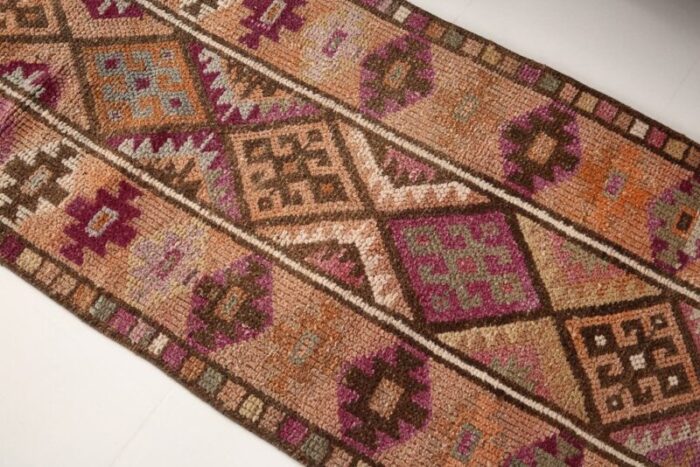 vintage turkish hot pink brown orange wool runner rug 5