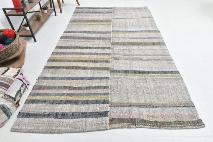 vintage turkish modern dark blue beige kilim rug 4