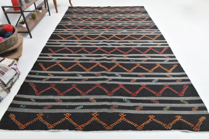 vintage turkish orange black gray pinstriped kilim rug 3