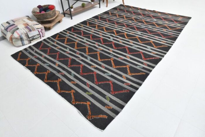 vintage turkish orange black gray pinstriped kilim rug 4