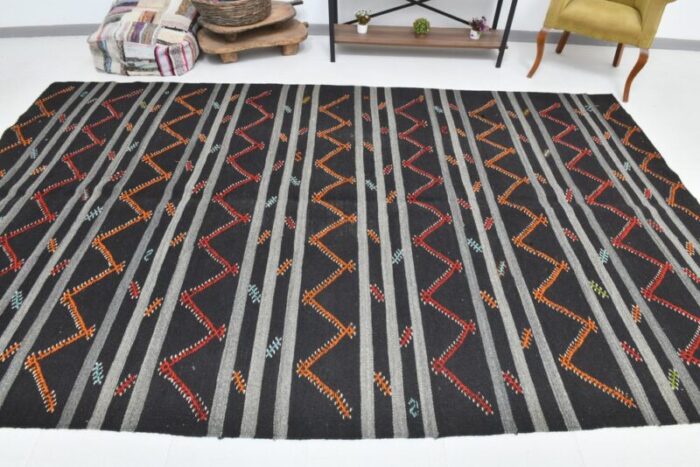 vintage turkish orange black gray pinstriped kilim rug 5