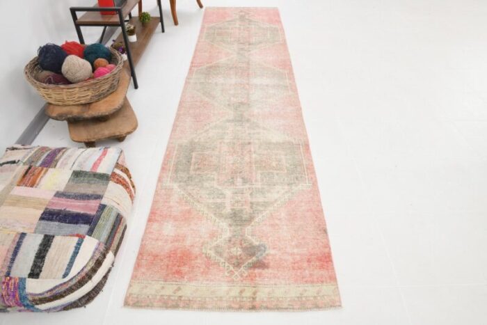 vintage turkish pale red beige runner rug 2