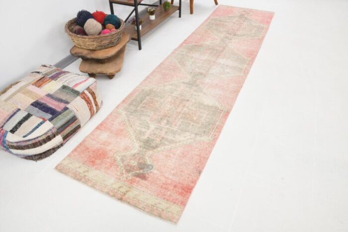 vintage turkish pale red beige runner rug 3