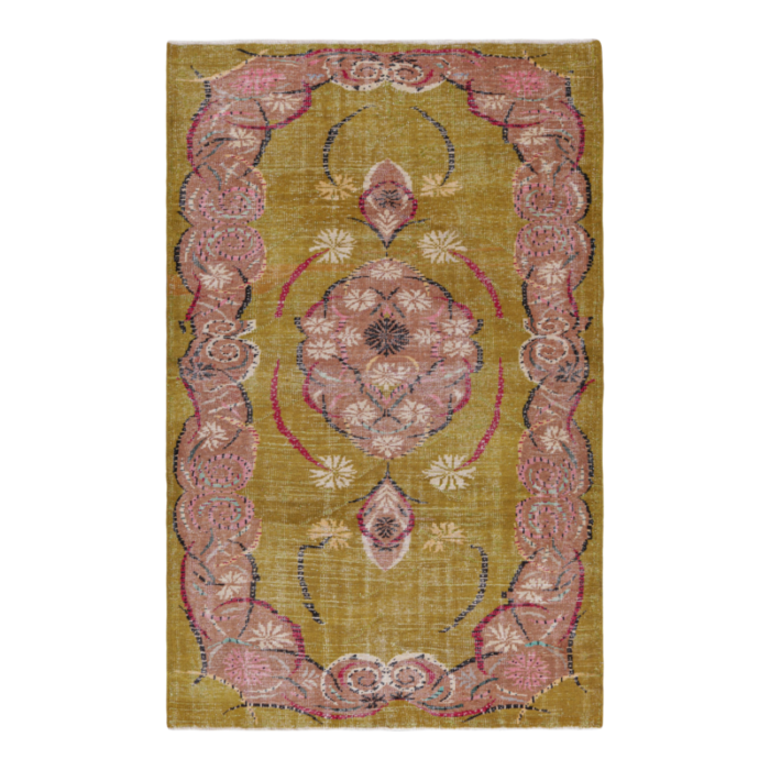 vintage zeki muren rug in chartreuse with floral medallion from rug and kilim 7443